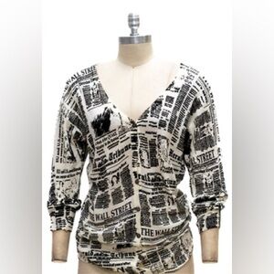 Newspaper Print V-Neck Cardigan Button Up Black and Ivory Business Fall Sz XL